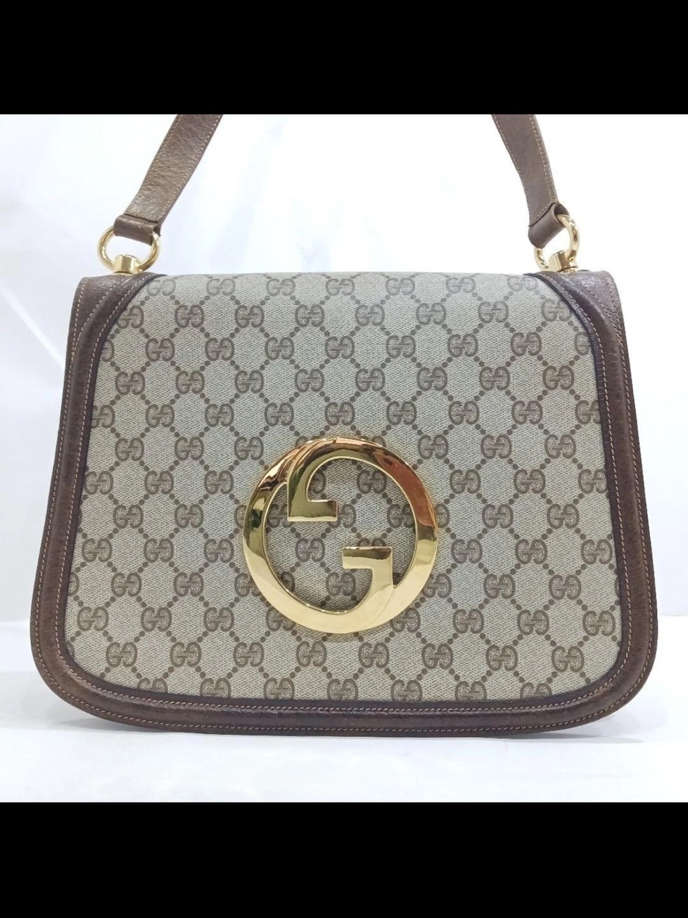 Gucci Beige GG Canvas Shoulder Bag with Brown Leather Trim